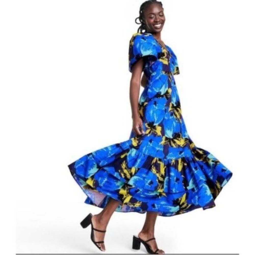 NWT CHRISTOPHER JOHN ROGERS FOR TARGET BLUE FLORAL RUFFLE MAXI DRESS - 0 - Picture 2 of 9